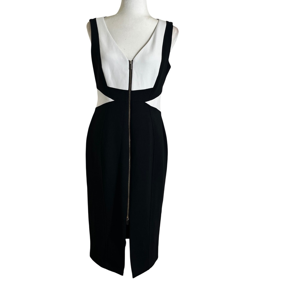 Karen Millen‎ Sheath Dress Women US 8 Black White Excellent Front Zip Colorblock